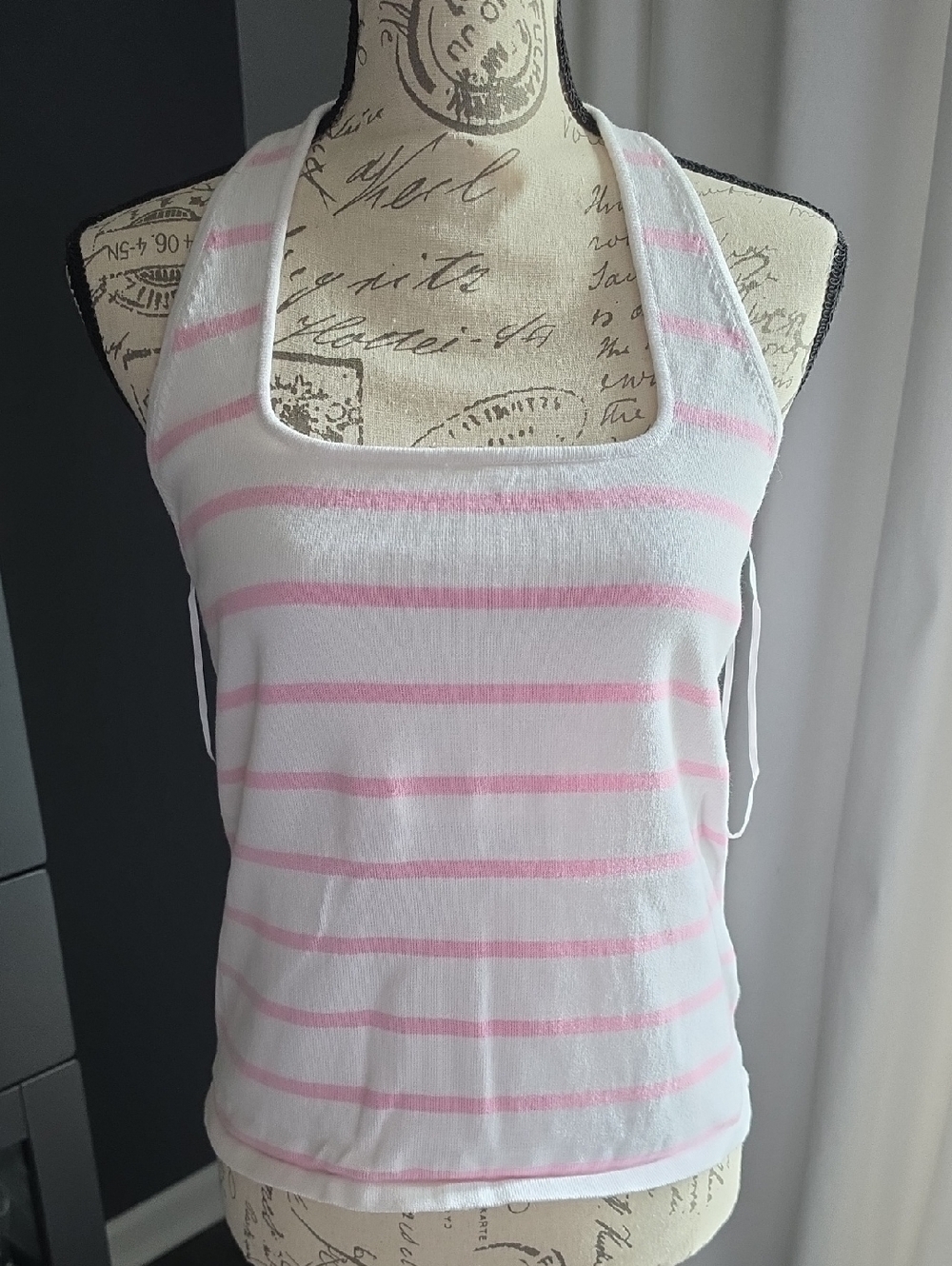 Lauren Ralph Lauren White and Light Pink Striped Halter Tank